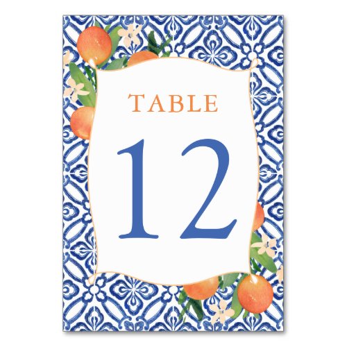 Positano Citrus Oranges Antique Blue Tiles Wedding Table Number