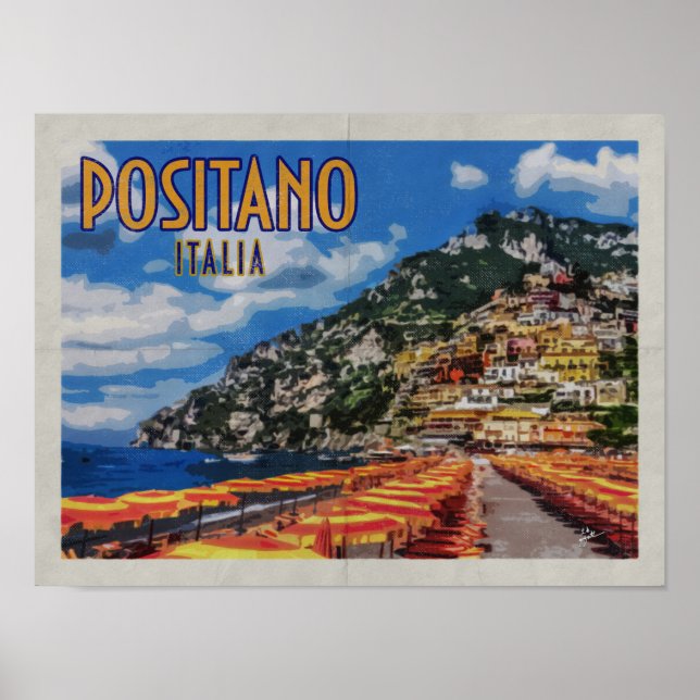 Positano Italy Amalfi Distressed Vintage Travel Poster (Front)
