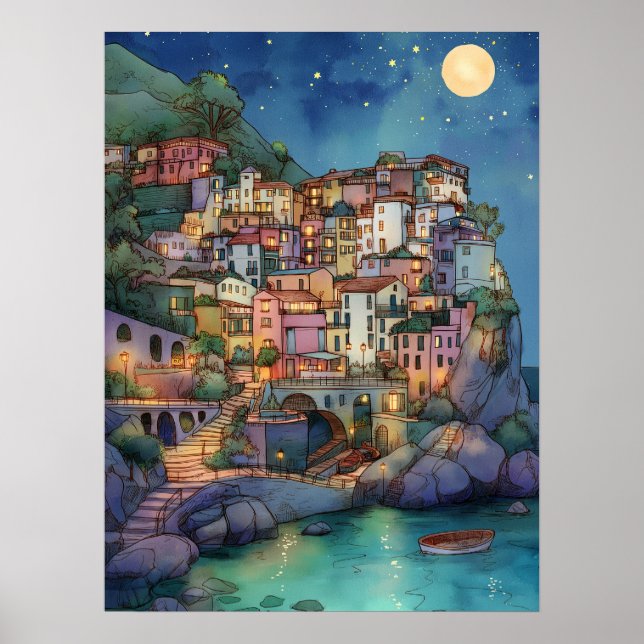 Positano, Italy – Coastal Village & Starry Sky Poster (Front)