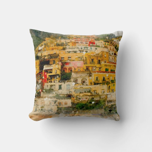 positano italy italian scene watercolour throw pillow (Front)