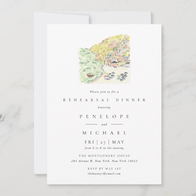 Positano Italy Watercolor Rehearsal Dinner Invitation (Front)