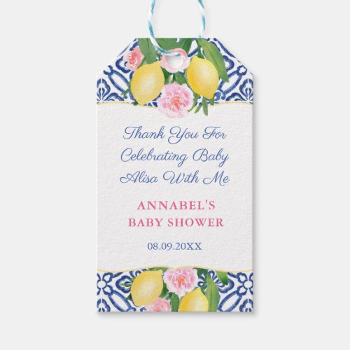 Positano Lemon Blue Tile Baby Shower Favor Tags