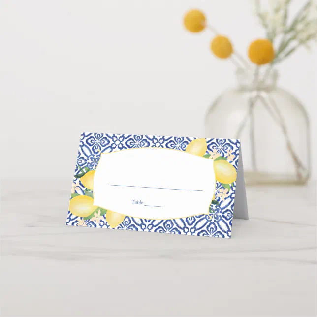 Positano Lemons Blue and White Pattern Wedding Place Card | Zazzle