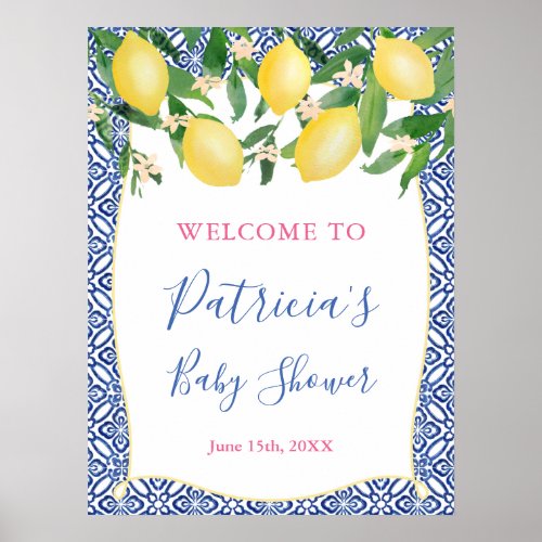 Positano Lemons Blue Pattern Tiles Shower Welcome Poster
