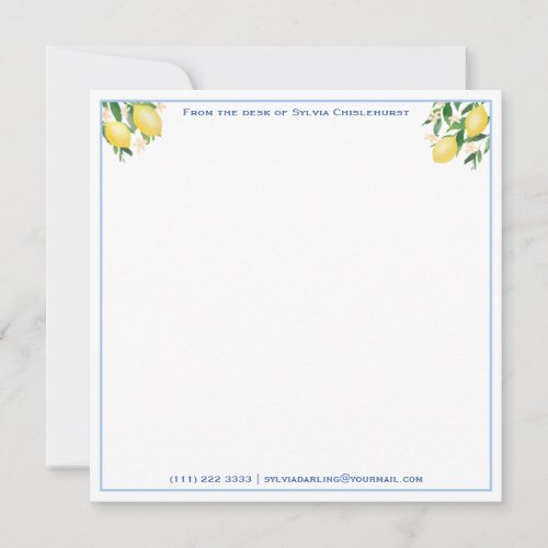 Positano Lemons Blue Tiles Baby Shower Thank You N Note Card - A customizable note card design to match my popular lemons / blue tiles bridal and baby shower invitation range. You can change all of the text to your own needs so this would make a great thank you card for example.