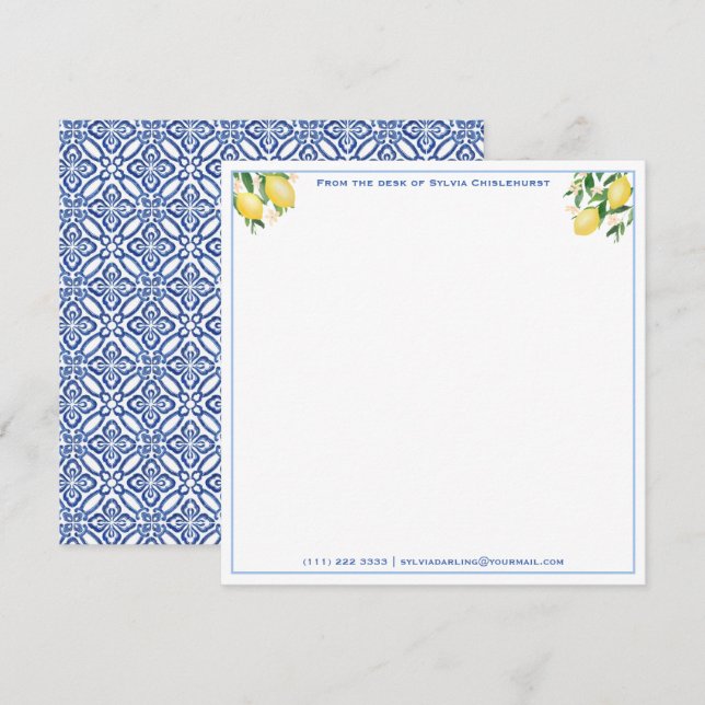 Positano Lemons Blue Tiles Baby Shower Thank You Note Card (Front/Back)