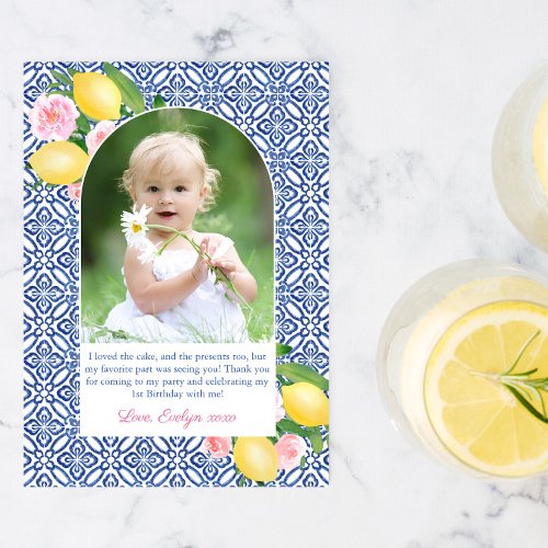 Positano Lemons Blue Tiles Girl Birthday Picture Thank You Card