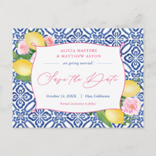 Positano Lemons Blue Tiles Pink Save The Date Postcard