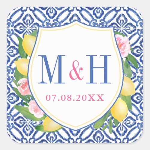 Positano Lemons Blue Tiles Pink Wedding Monogram Square Sticker