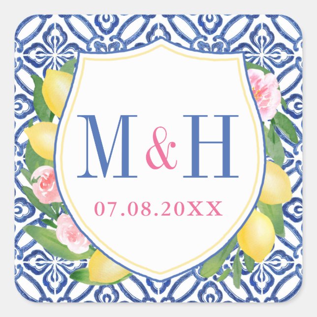 Positano Lemons Blue Tiles Pink Wedding Monogram Square Sticker (Front)