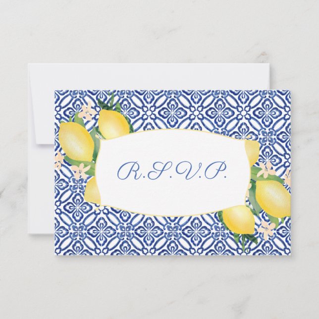 Positano Lemons Blue Tiles Wedding Meal Choice RSVP Card (Front)