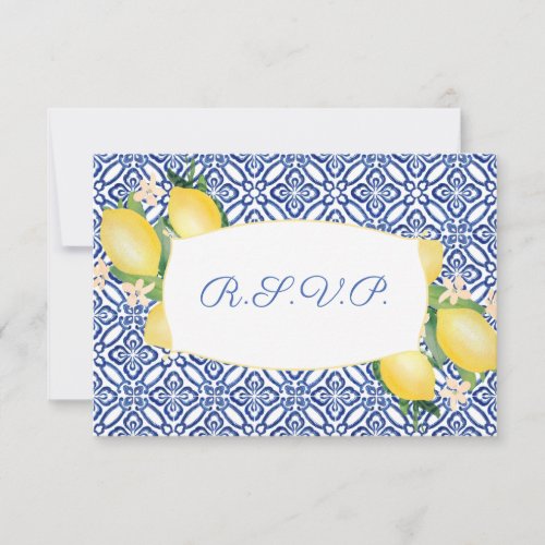 Positano Lemons Blue Tiles Wedding Meal Choice RSVP Card - Meal Choice RSVP response card with watercolor lemons and vintage cobalt blue and white tile pattern. 