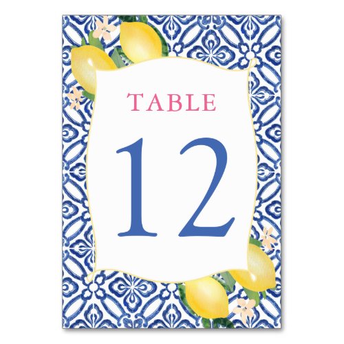 Positano Lemons Blue Tiles Wedding Shower Table Number