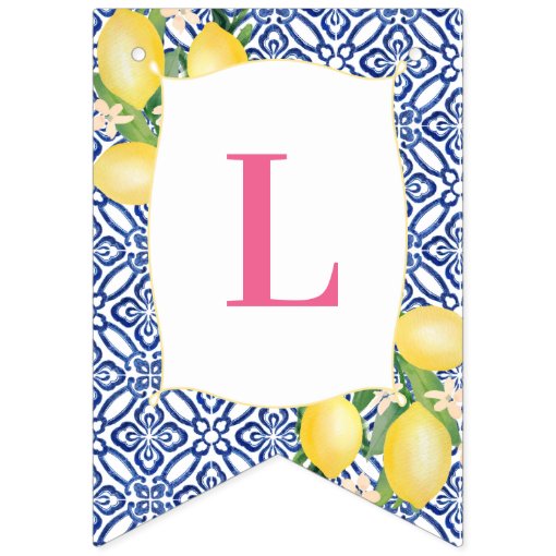 Positano Lemons Blue White Tile Shower Birthday Bunting Flags | Zazzle