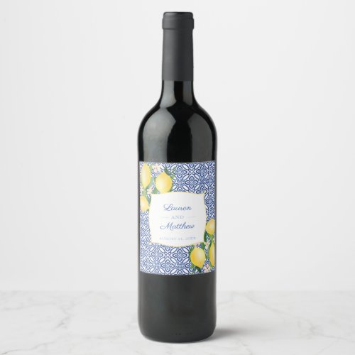 Positano Lemons Blue White Tiles Wedding Reception Wine Label