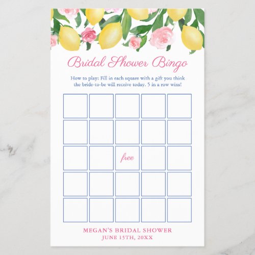 Positano Lemons Bridal Shower Bingo Game Card Flyer