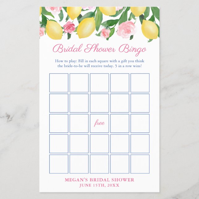 Positano Lemons Bridal Shower Bingo Game Card Flyer (Front)
