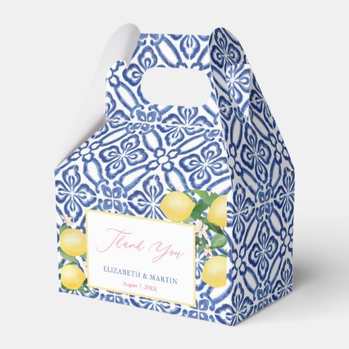 Positano Lemons Cobalt Blue White Pattern Wedding Favor Box - Stylish favor boxes with a vintage Blue White tile pattern, handpainted watercolor lemons and calligraphy font.