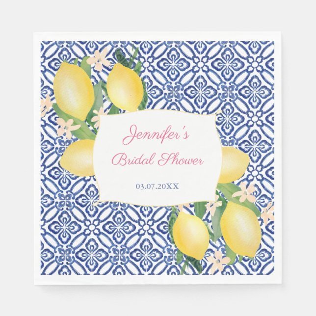 Positano Lemons Italian Blue Tiles Bridal Shower Napkins (Front)