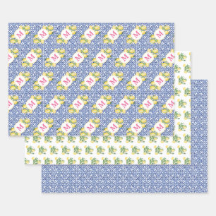 Positano Lemons Monogram Blue White Tile Pattern Wrapping Paper Sheets