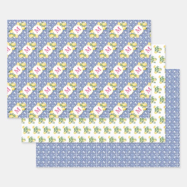 Positano Lemons Monogram Blue White Tile Pattern Wrapping Paper Sheets (Set)