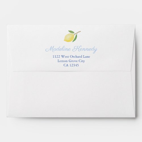 Positano Lemons Pale Blue Accents Return Address E Envelope - Envelope design with a vintage blue and white tile liner and the name/ return address in pale blue and cobalt blue. The design also features a watercolor lemon with leaves, handpainted by me. This design matches my lemons / blue tiles / blue accents range of stationery.