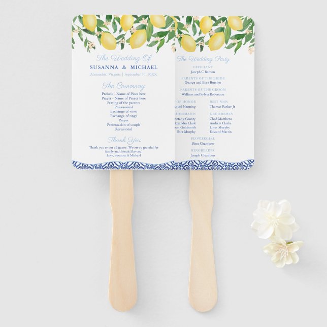 Positano Lemons Pale Blue Accents Wedding Program Hand Fan (Front and Back)