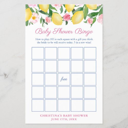 Positano Lemons Pink Baby Shower Bingo Game Card Flyer