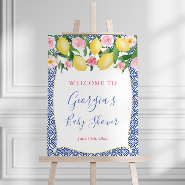Positano Lemons Pink Floral Blue Tile Baby Shower Foam Board (Lemons Pink Florals Positano Theme Baby Shower welcome sign)