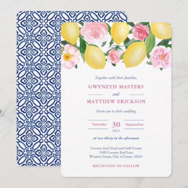 Positano Lemons Pink Floral Blue Tile Wedding Invitation (Front/Back)