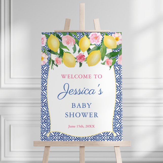 Positano Lemons Pink Flowers Baby Shower Welcome Foam Board (Blue and white tiles capri lemons pink flowers little girl baby shower welcome sign)