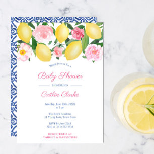 Positano Lemons Pink Roses Girl Baby Shower Party Invitation