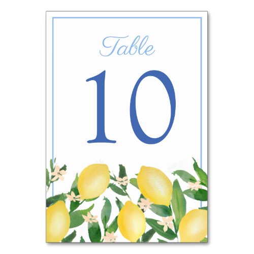 Positano Lemons Powder Blue Wedding Table Number - Vibrant yellow watercolor lemons accented with powder blue and cobalt blue decorate these party table numbers. With regards to the pale blue frame /  border, you can change the color of this by changing the border color of the rectangle layer on each side (enter the design tool by clicking / tapping to personalize further). ****Please be aware that you will need to change the number on each card and add separately to your cart***