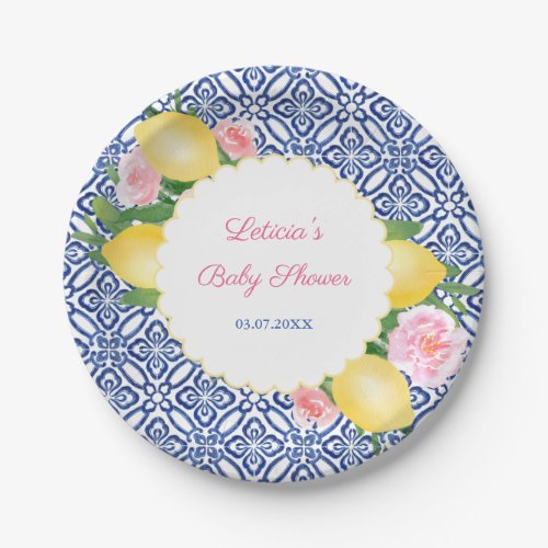 Positano Lemons With Blue Tiles And Pink Florals Paper Plates