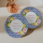 Positano Lemons With Blue Tiles And Pink Florals Paper Plates<br><div class="desc">Handpainted lemons accented with pink watercolor flowers against a background pattern based on a vintage blue and white tile. If you prefer the center circle with a plain edge (rather than scalloped), this option is available. Underneath the text customization boxes, "click to customize further" then go to the "layers" area...</div>