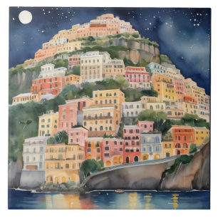 Positano Night, Italy, Italian Coast Watercolor Ceramic Tile