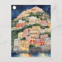 Positano Night, Italy, Italian Coast Watercolor