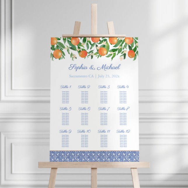 Positano Oranges 12 Tables Wedding Seating Chart Foam Board (Positano oranges blue white tiles 12 tables wedding seating chart)