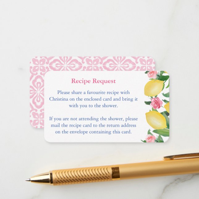 Positano Pink Flowers and Lemons Recipe Request Enclosure Card (Front/Back In Situ)