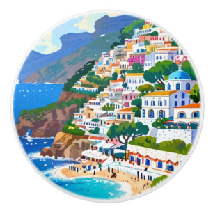 Positano Village, Italy, Italian Coast Watercolor Ceramic Knob