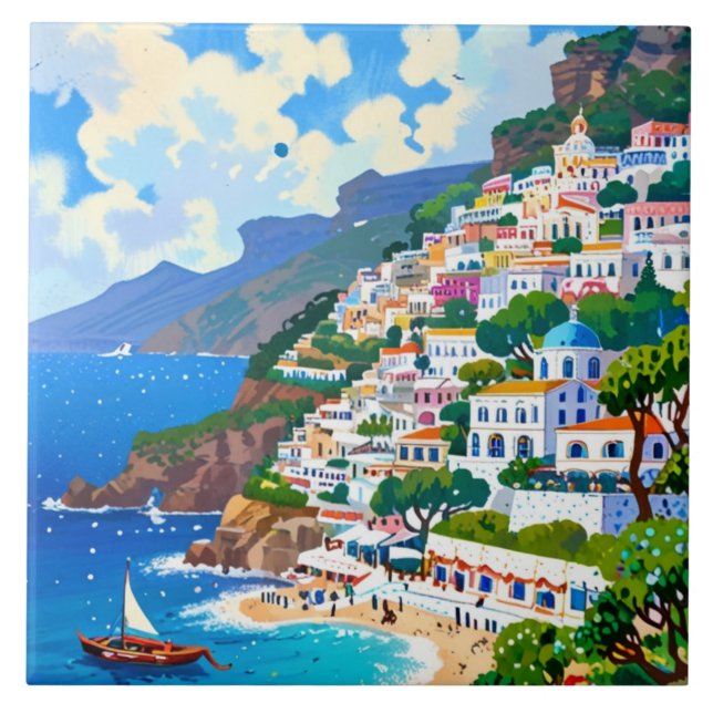 Positano Village, Italy, Italian Coast Watercolor Ceramic Tile (Front)