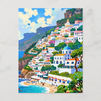 Positano Village, Italy, Italian Coast Watercolor Postcard