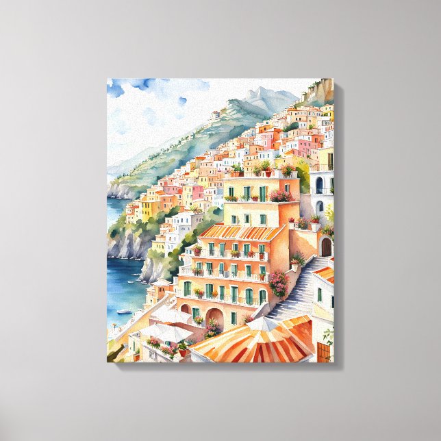 Positano: Watercolor Charm Italy's Amalfi Coast Canvas Print (Front)