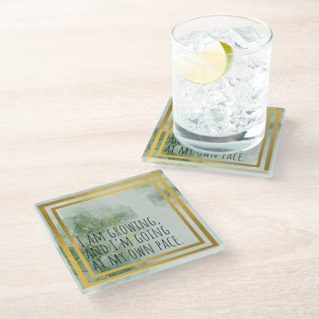 Positive Affirmation Watercolor Green/Gold Glass Coaster (Angled)