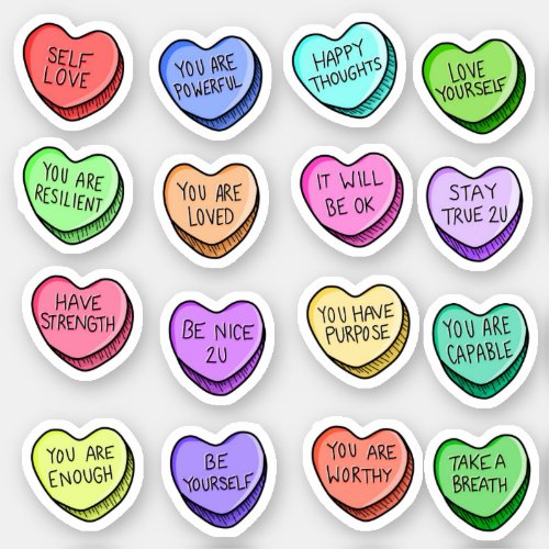 Positive Affirmations Candy Heart Vinyl Stickers