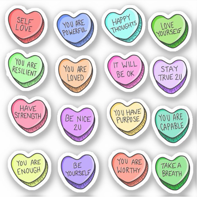 Positive Affirmations Candy Heart Vinyl Stickers (Front)