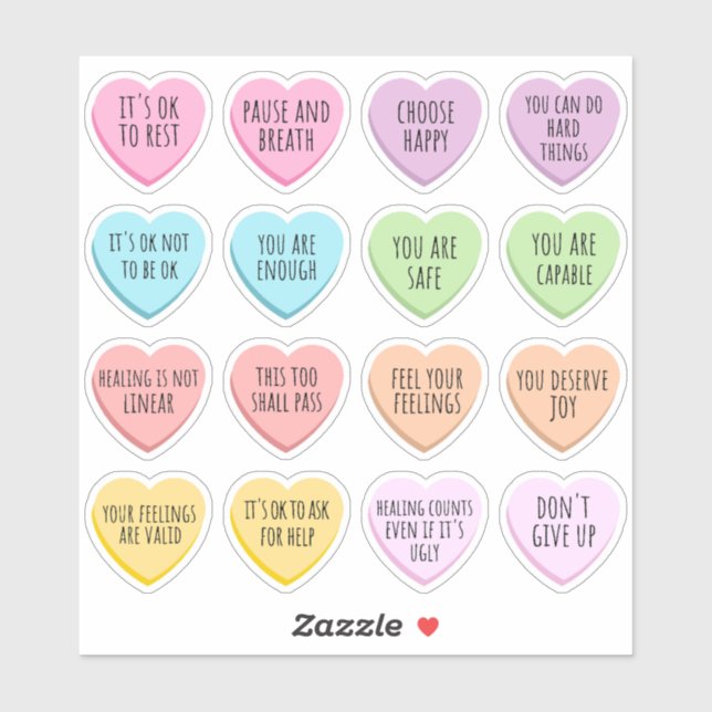 Positive Affirmations Mental Health Candy Hearts Sticker (Sheet)