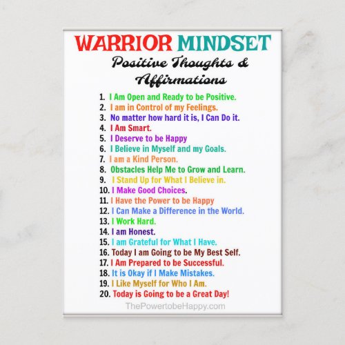 Positive Affirmations Poster _ Warrior Mindset Postcard