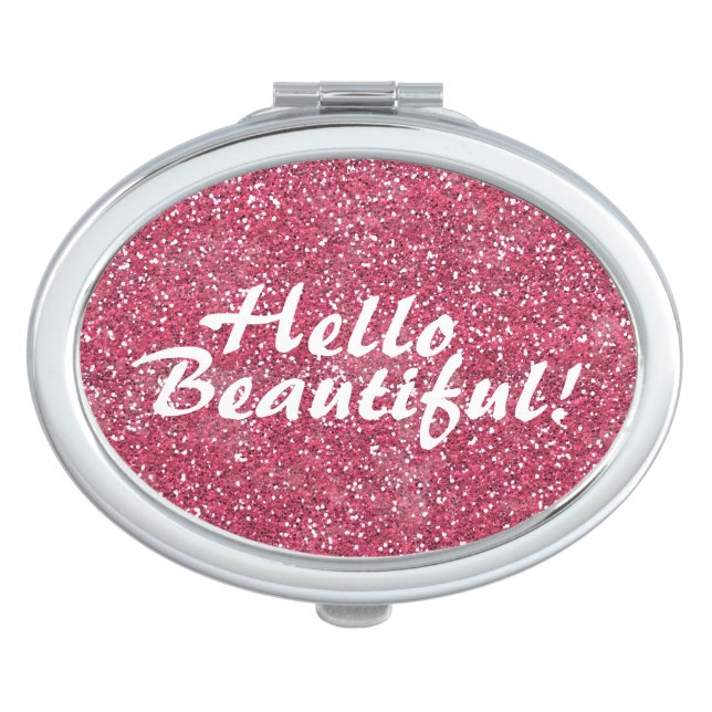 Positive Beautiful Affirmation Pink Glitter Mirror For Makeup (Front)