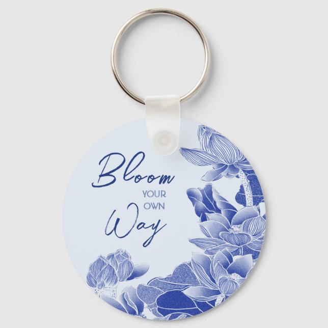 Positive Blossom Quote Blue Flowers Lotus Lily Keychain (Front)